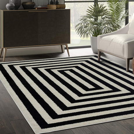 Contemporary Black & Ivory 7'9" x 10'2" Area Rug, Contrasting Geometric Modern Stripe