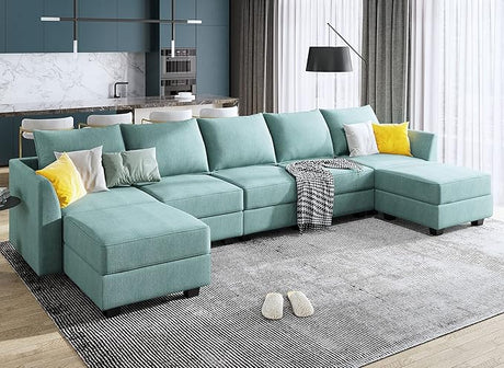 Orage U Shape Corner Sectional Sofa Set, Aqua Blue