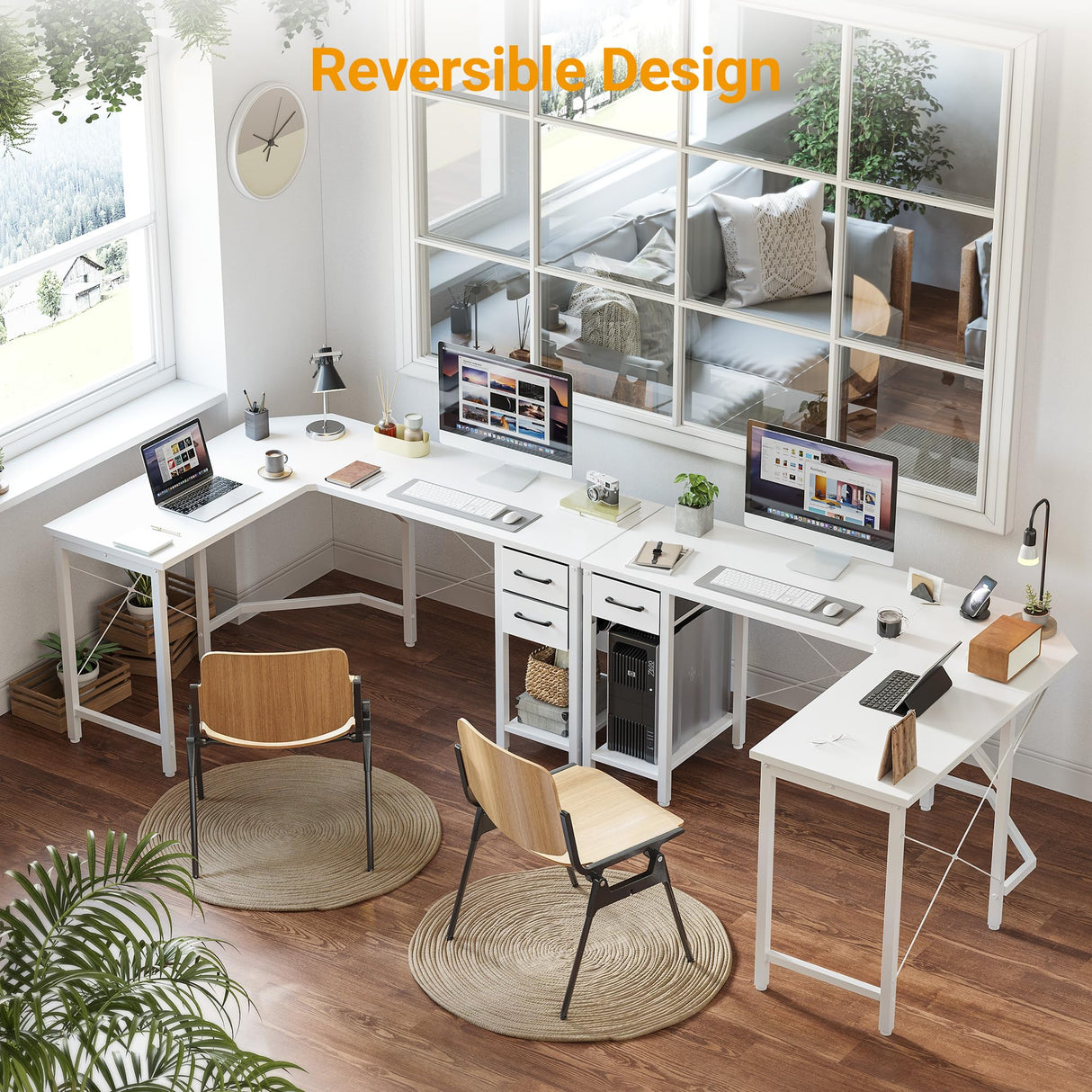 L Shaped Computer Workstation with Storage Drawers and Bookshelves