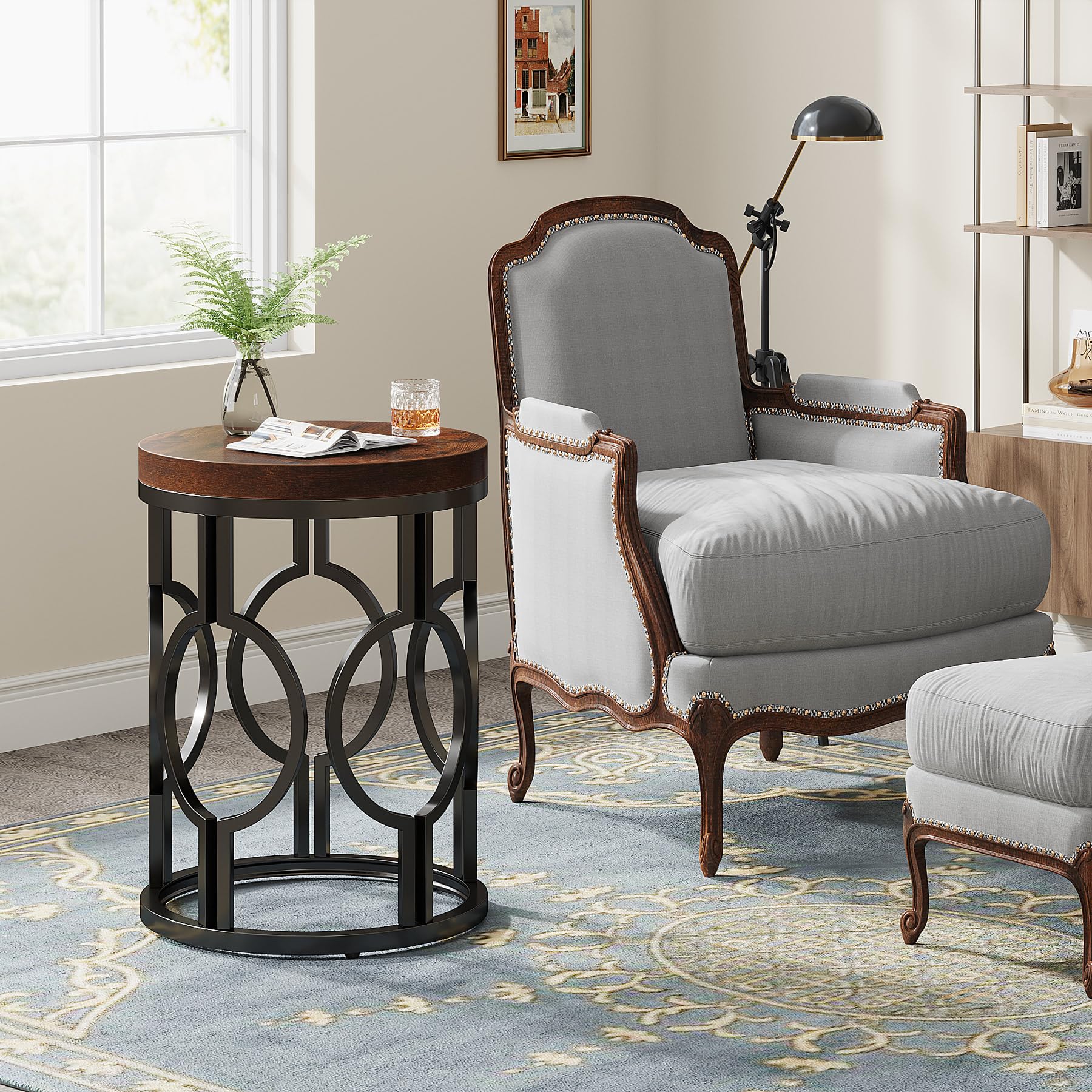 Round End Table, Industrial SideTable with Metal Hollow Frame
