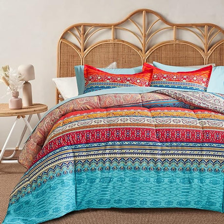 Boho Bed in a Bag 7 Pieces Queen Size, Colorful Bohemian Tribal Style Pink n Blue Floral