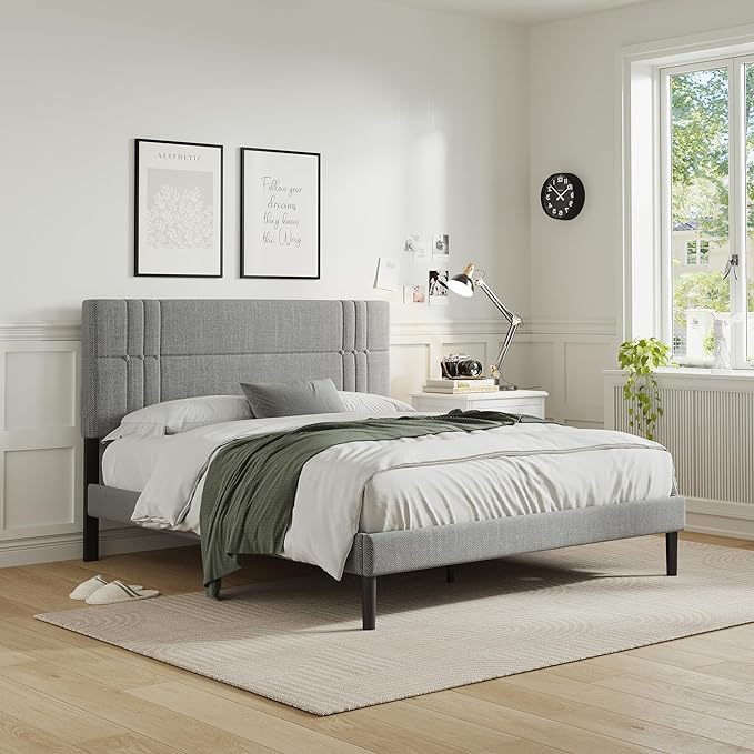 Queen Size Upholstered Bed Frame with Adjustable Headboard and Sturdy Wooden Slats,