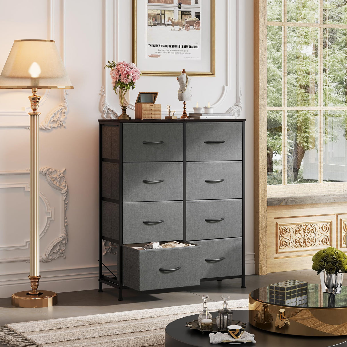 WLIVE Fabric Dresser for Bedroom, Tall Dresser with 8 Drawers, Storage Tower with Fabric Bins, Double Dresser, Chest of Drawers for Closet, Living Room, Hallway, Dark Gray