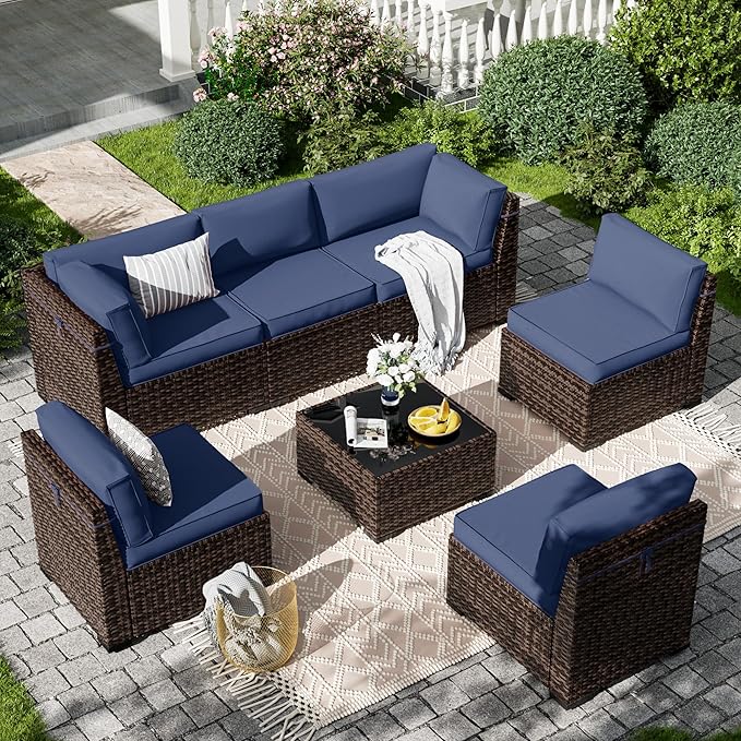 7 Pieces Patio Furniture Set, Outdoor Furniture Sectional Sofa Set with Slanted Back
