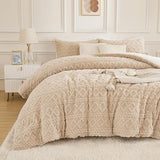 Beige Fleece Comforter Set King, 3 Pieces Fuzzy Fluffy Faux Fur Bed Comforter