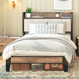 King Size Bed Frame, Storage Headboard with Charging Station, Solid and Stable