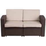 Seneca Chocolate Brown Faux Rattan Loveseat with All-Weather Beige Cushions