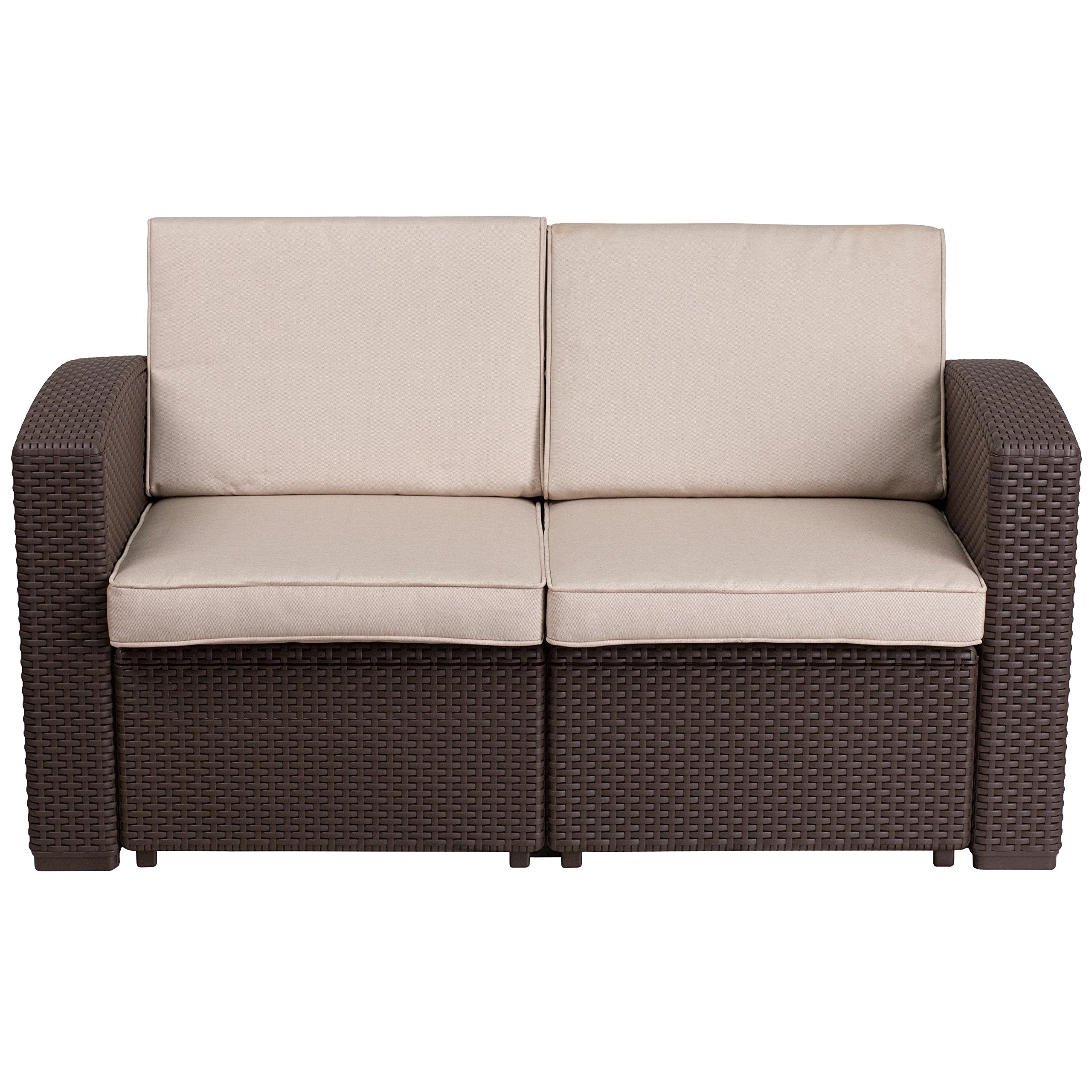 Seneca Chocolate Brown Faux Rattan Loveseat with All-Weather Beige Cushions