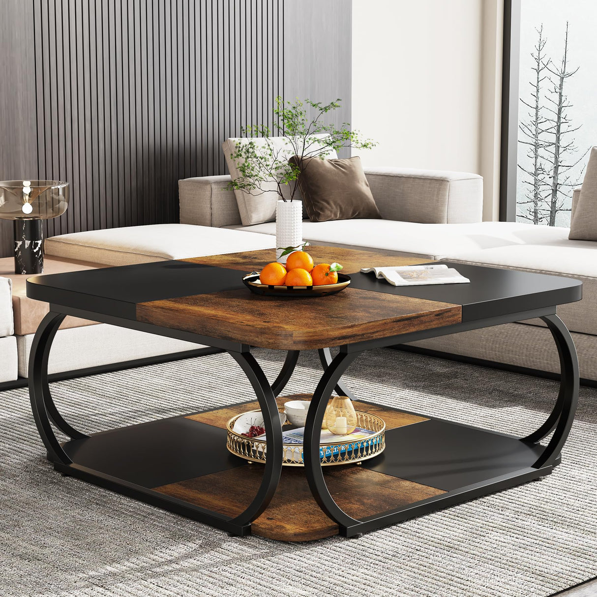 Square Coffee Table with 2 Tiers, 40 inches Low Farmhouse Coffee Table