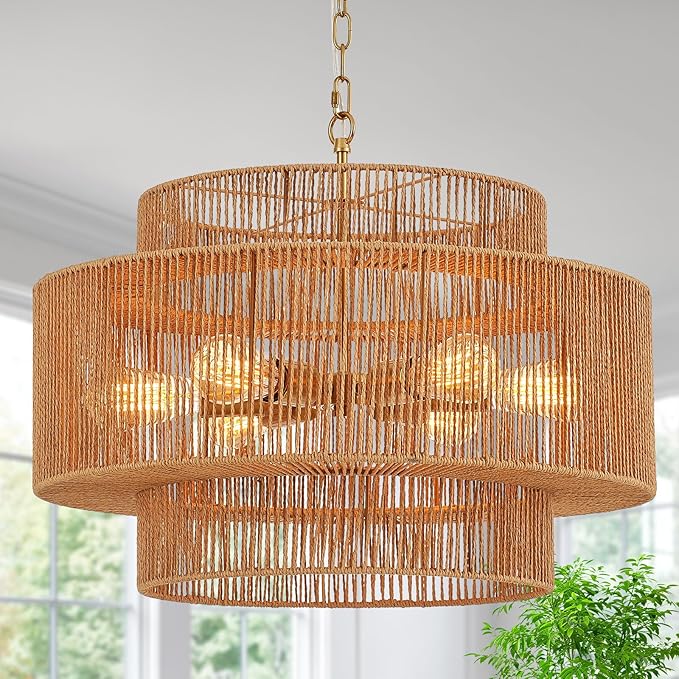 Widluth Hand-Woven Rattan Chandelier Vintage 6-Light Farmhouse Boho Bamboo Chandeliers Light Fixture 23.6" Retro 3-Tier Drum Wicker Rattan Black Chandelier for Dining Room, Kitchen Island, Bedroom