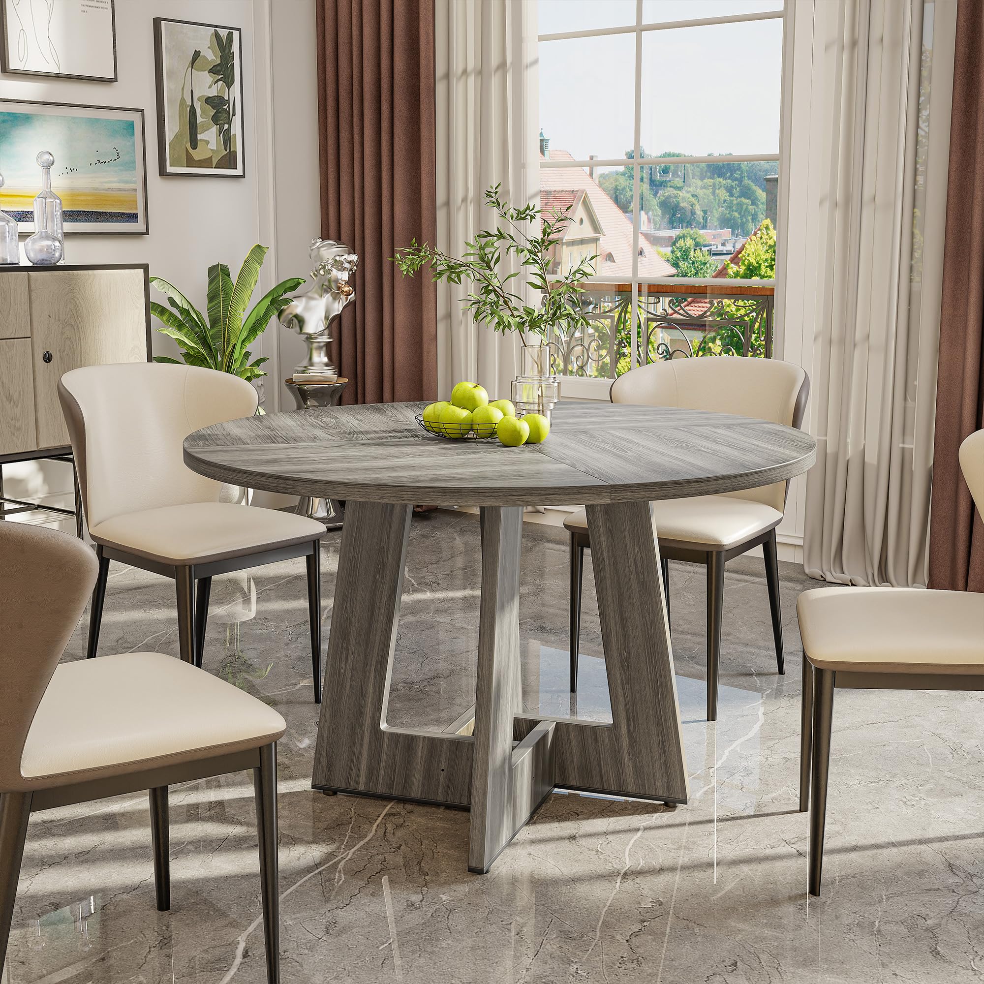 47 Inch Round Dining Table for 4 with Wooden Pedestal Base