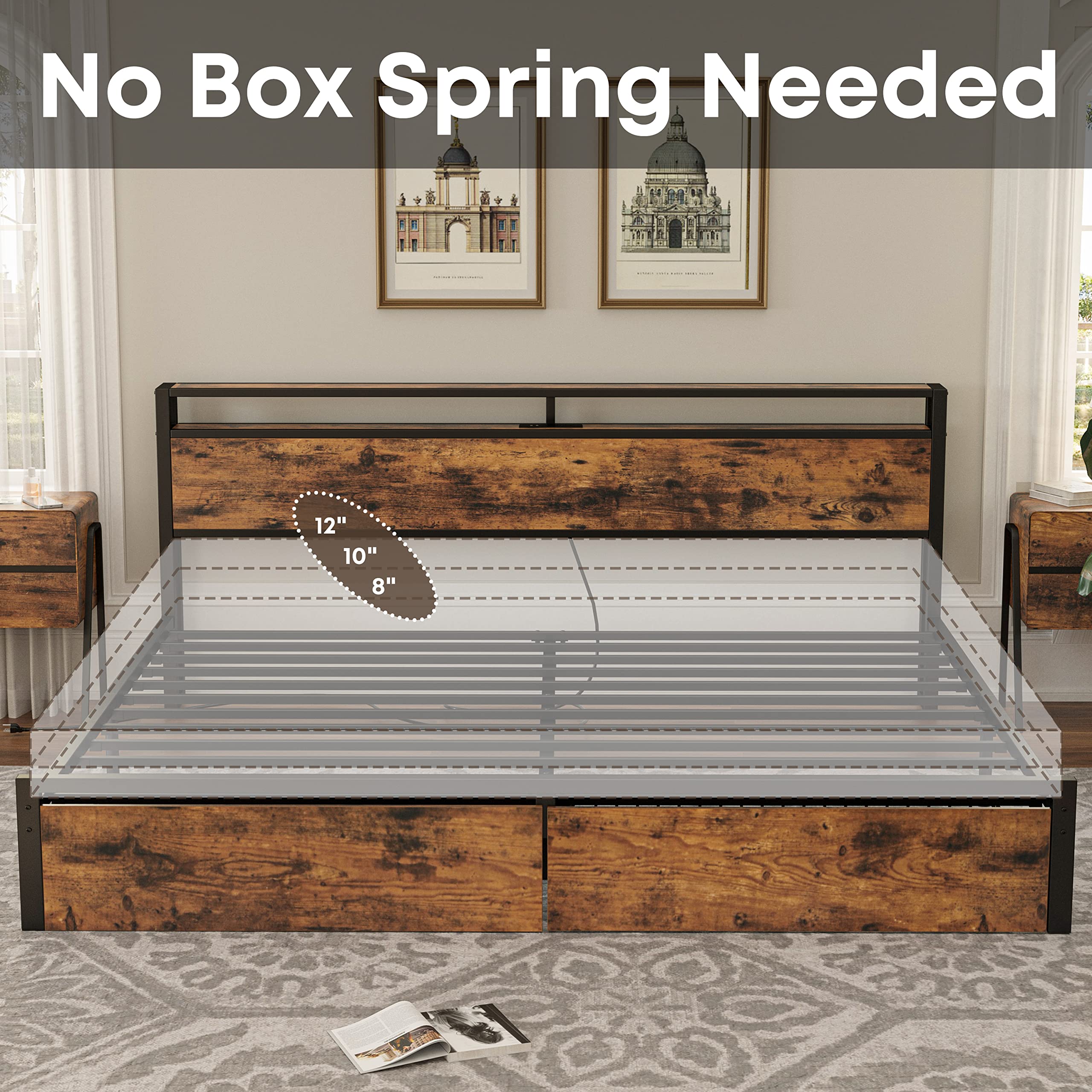King Bed Frame with Storage Headboard, Platform Bed with Drawers and Charging Station,