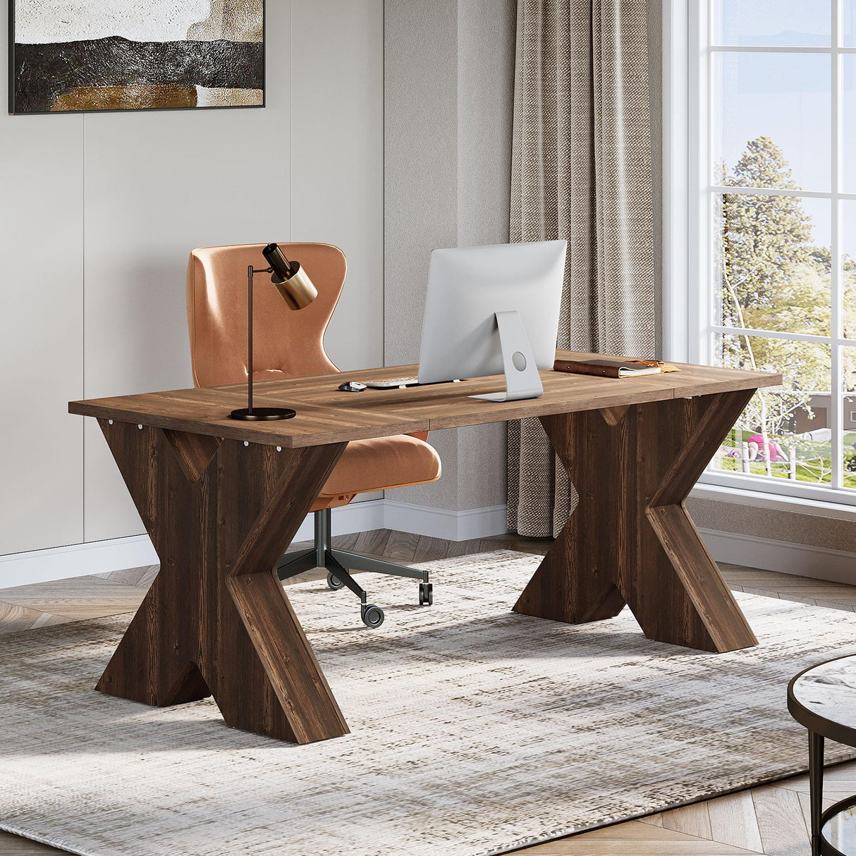 63" Executive Desk, Large Office Computer Desk with X-Shaped Thickend Wood Pedestal