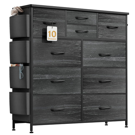 Dresser for Bedroom with 10 Drawers, Chest of Drawers with Side Pockets, Hooks