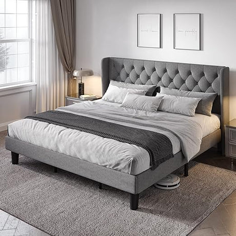 Queen Size Bed Frame with Button Tufted Wingback Headboard, Upholstered Platform