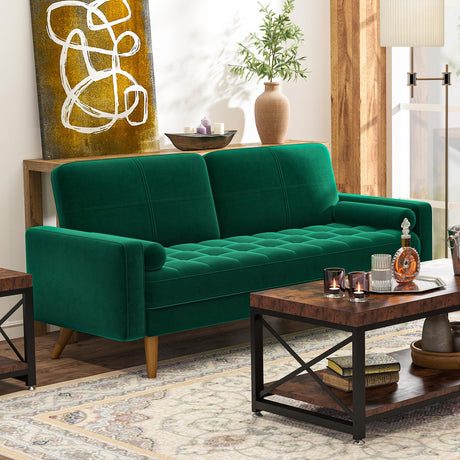 AMICLIBER 3 Seater Sofa Couch, 70 Inch Velvet Loveseat Sofa with Tufted Seat Cushion and Bolster, Mid Century Modern Couch with Solid Wood Legs for Living Room,Bedroom,Office,Apartment,Vintage Green