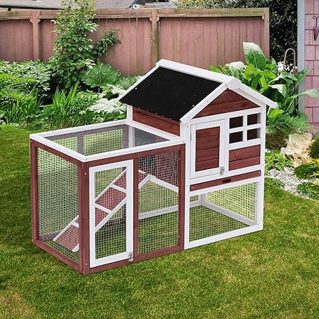 48" Wooden Rabbit Hutch Bunny Cage with Waterproof Asphalt Roof, Fun Outdoor Run