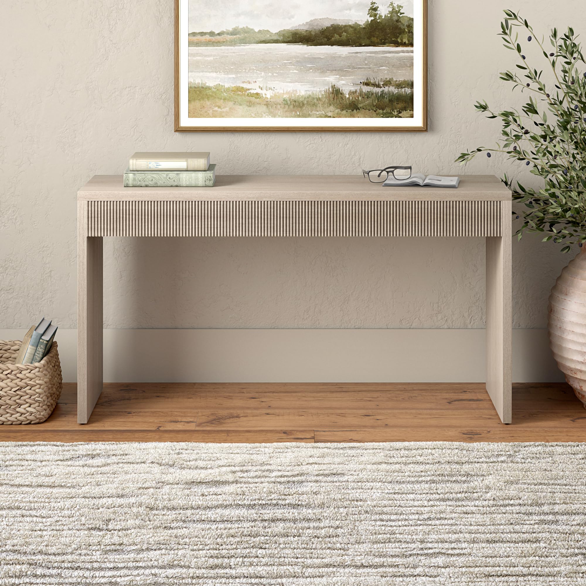 55" Wide Rectangular Console Table in Beech White, for Home
