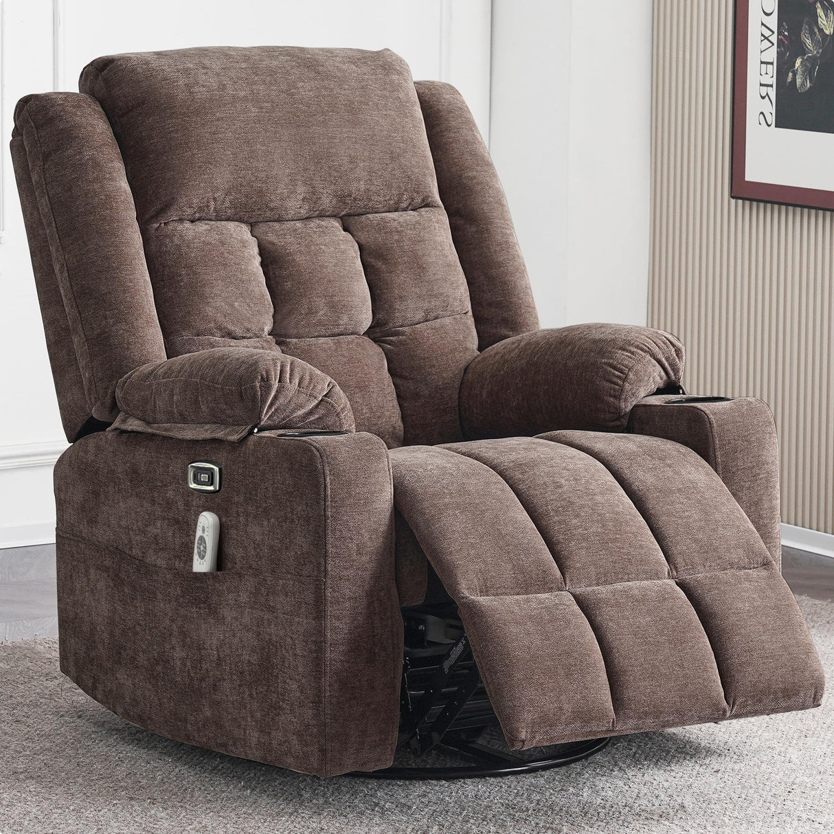 Ketaiyou Power Swivel Rocker Recliner Massage Chair, USB and Type-C Ports, Electric Recliner Glider Reading Chairs Living Room, Upholstered Soft Fabric Reclining Sofa Chair (Fabric Coffee)