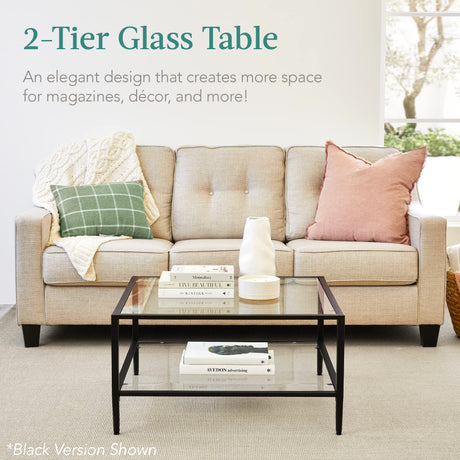 32” Square Glass Coffee Table, Large 2-Tier Accent Furniture for Living Room