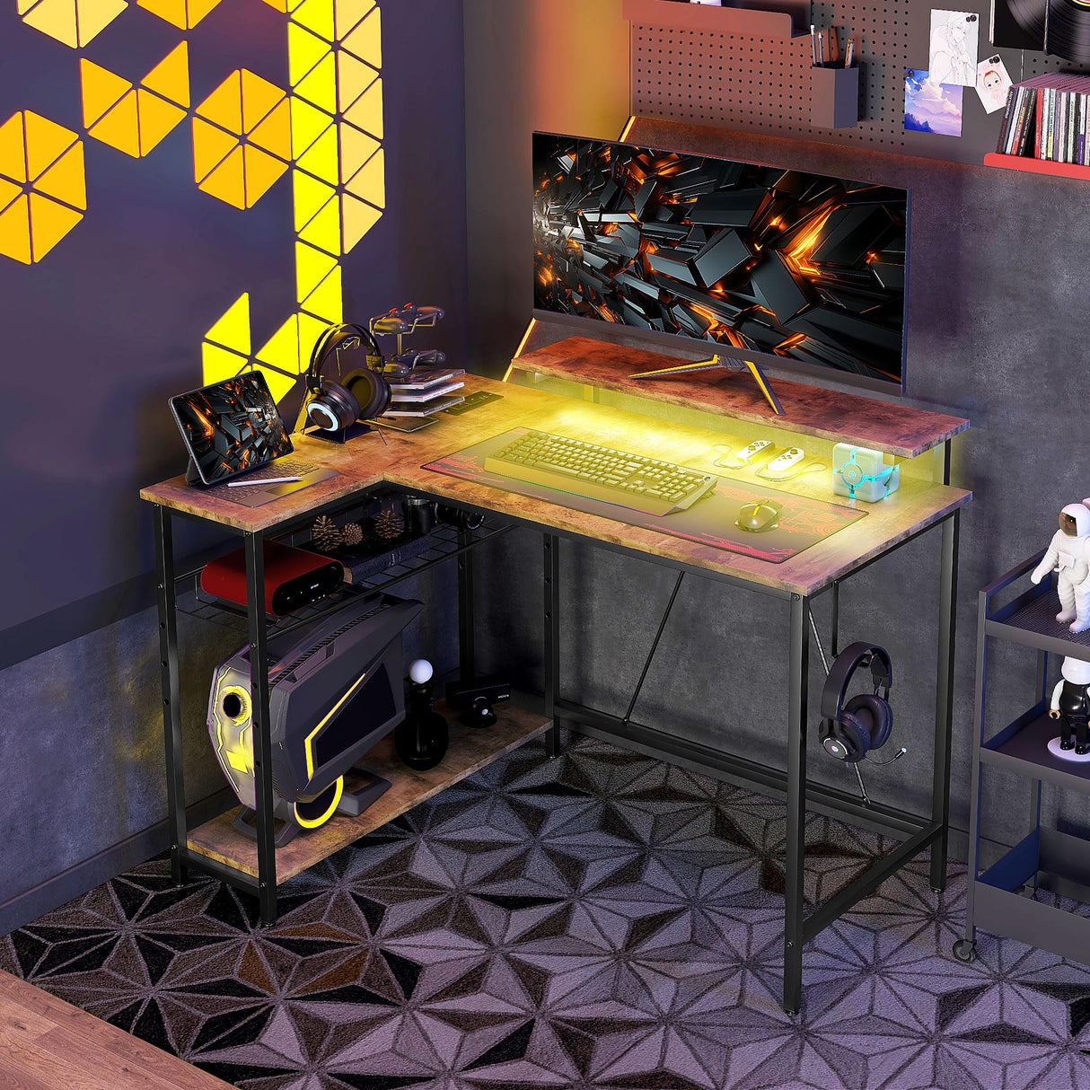 42" L Shaped Gaming Desk with LED Lights, Power Outlet