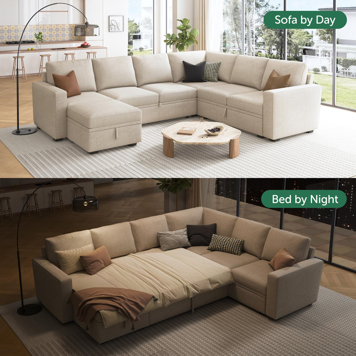 Modular Sectional Sleeper Sofa with Pull Out Bed, U Shaped Sectional Couch