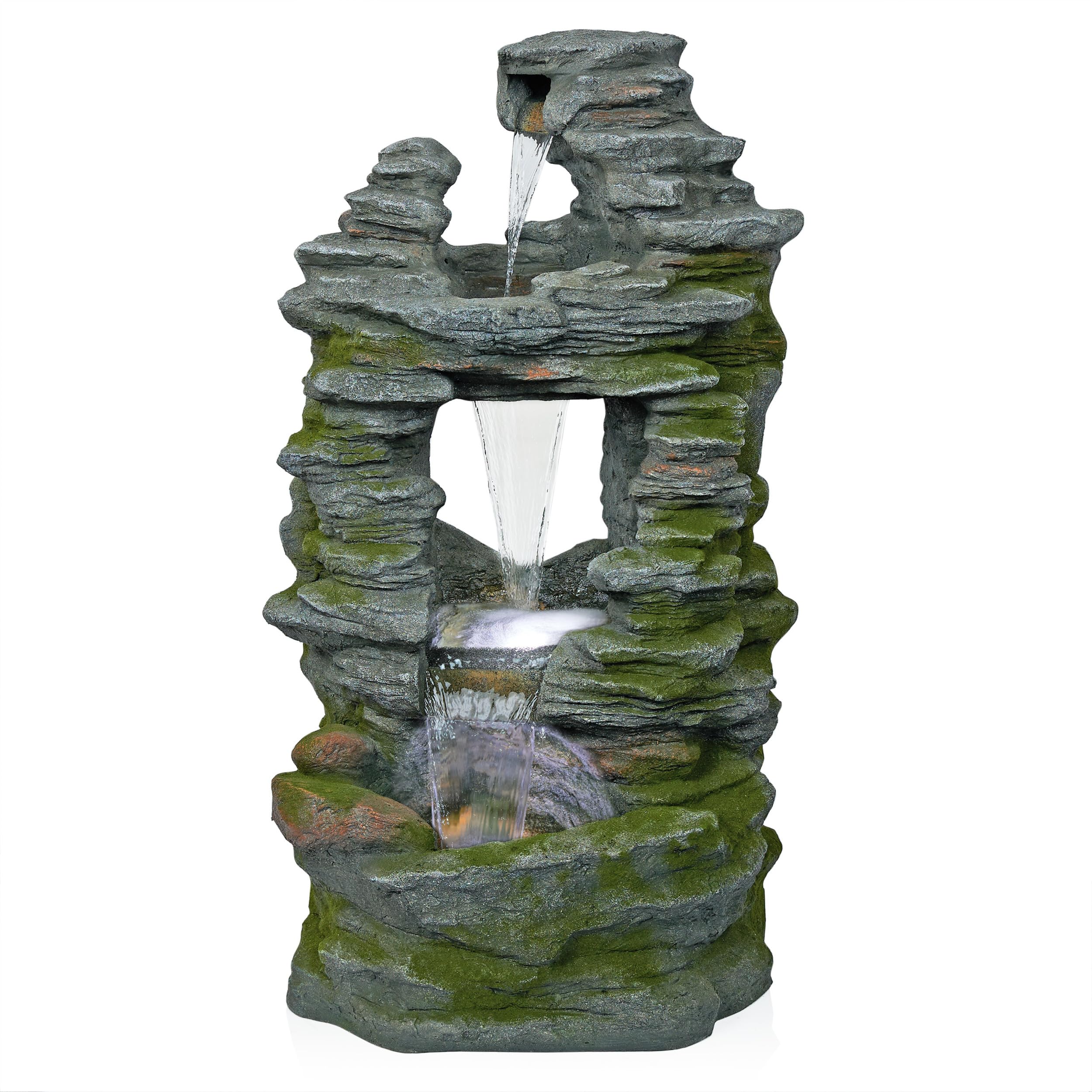 WIN1648 39" Stacked Stone Rainforest Fountain with Cool White LED Lights – Cascading Waterfall Feature