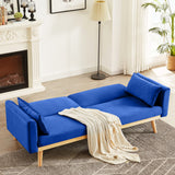 Blue Futon Sofa Bed, Velvet Convertible Sofa Couch Sleeper with Wood Legs & 2 Pillows