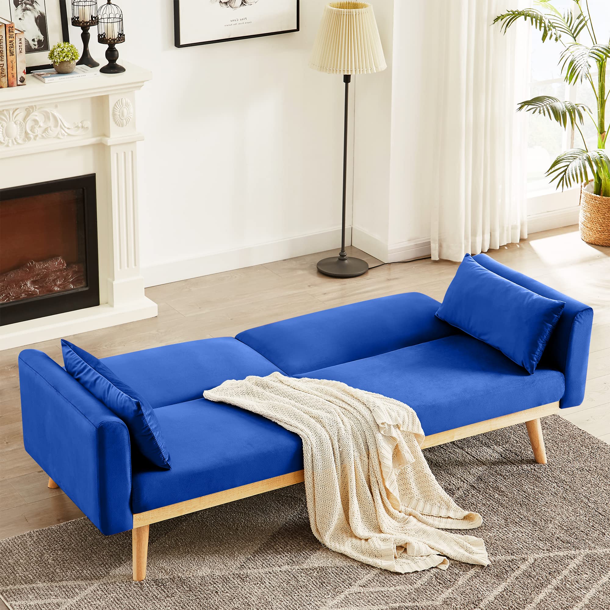 Blue Futon Sofa Bed, Velvet Convertible Sofa Couch Sleeper with Wood Legs & 2 Pillows