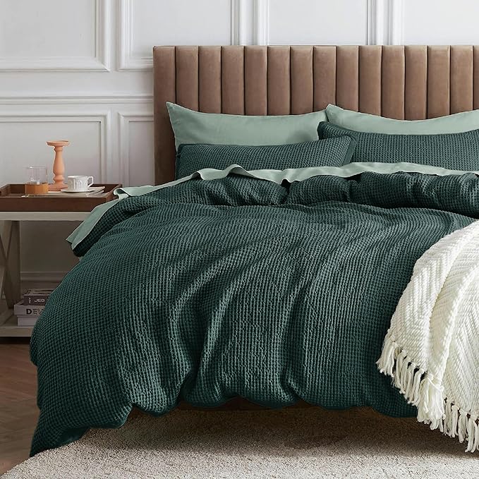 Waffle Comforter Set King, Beige Soft Cotton Bedding, Waffle Weave Bed Set