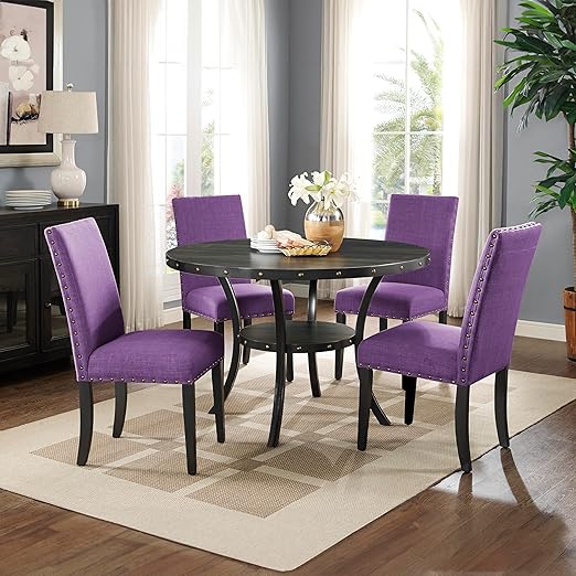 Biony Espresso Wood Dining Set with Blue Nailhead Chairs
