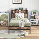 Twin Bed Frame with Bookcase Headboard/USB Charging Station,Metal Platform Bed,