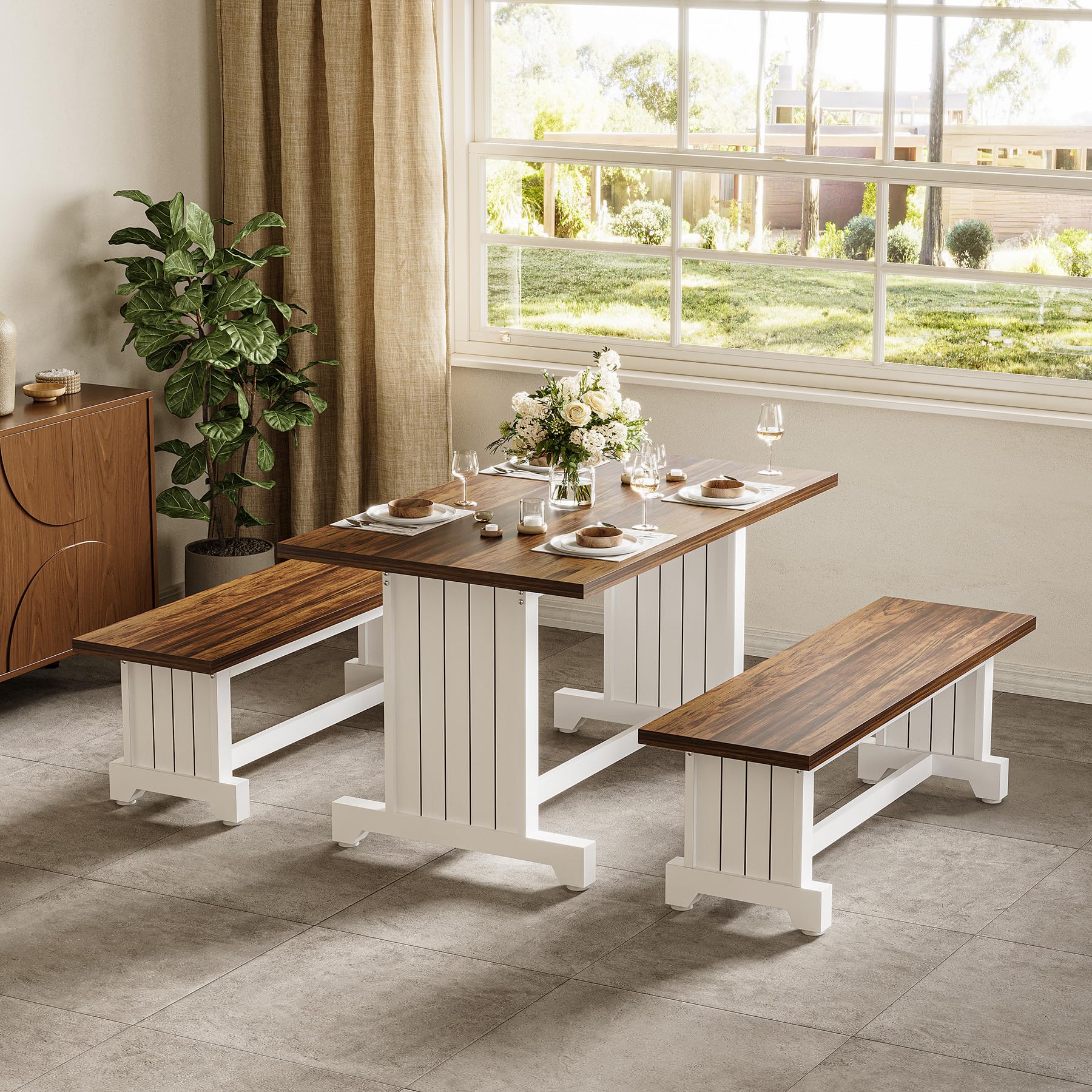 4-Person Dining Table Set with Benches