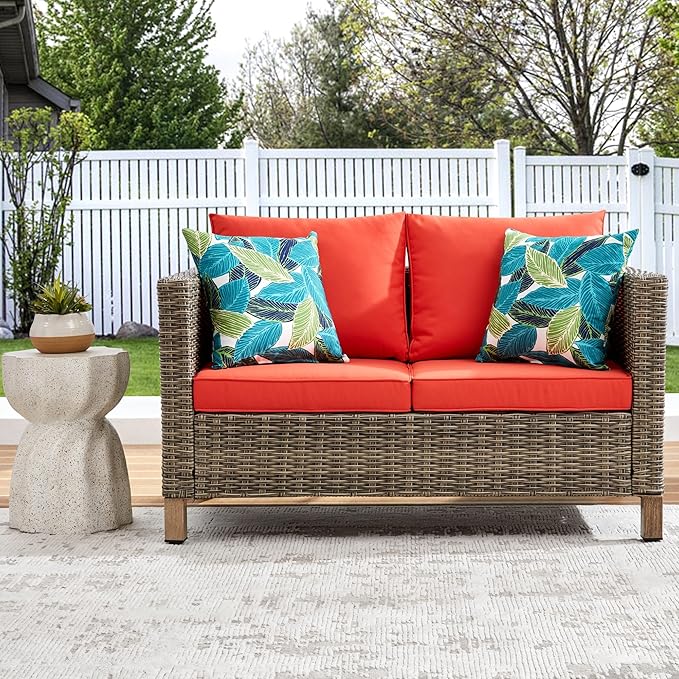Outdoor PE Wicker Loveseat Sofa, All Weather 2 Seater Small Patio Sofa