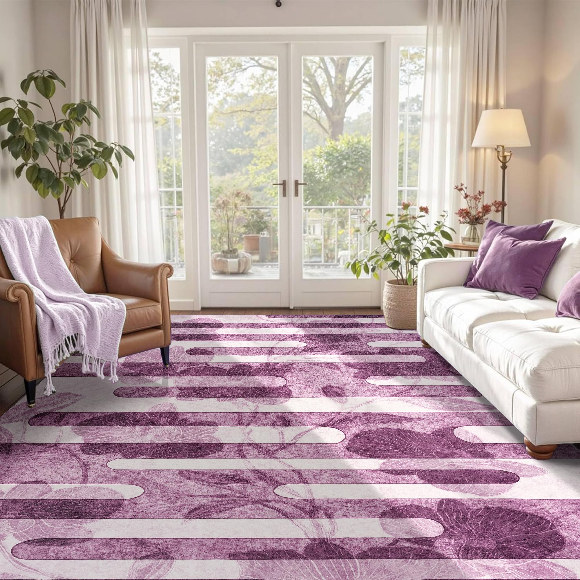 DSKOGYEM Abstract Modern Area Rug, Washable 10x14 Area Rugs with Non-Slip Backing, Ultra Thin Soft Wave Striped Rug for Living Room, Bedroom, Dining Room, Nursery (Purple/White)