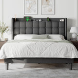 Feonase Full Size Bed Frame with Charging Station, Upholstered Platform Bed Frame with Storage Wingback Headboard, No Box Spring Needed, Easy Assembly, Beige