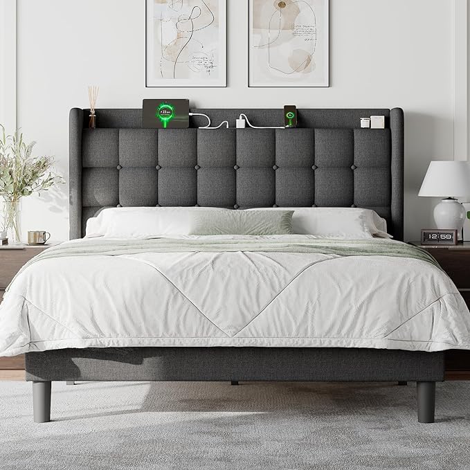 Queen Bed Frame with Charging Station, Upholstered Platform Bed Frame with Wingback