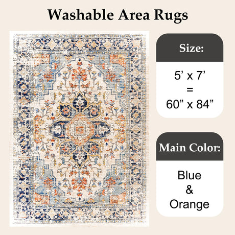 Machine Washable Rug 5'x7' Vintage Design Washable Area Rugs