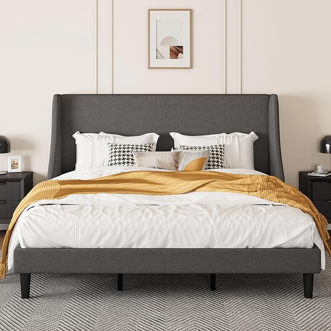 Upholstered Bed Frame King Size with Streamlined Wingback Headboard