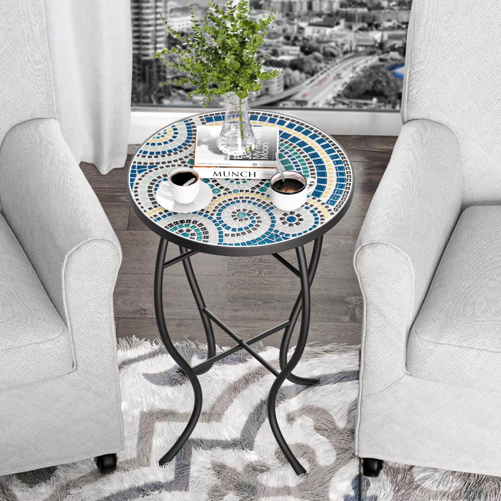 FROMJBEST Mosaic Outdoor Side Table, Patio Side Table, Weather Resistant 14" Diameter 21" H Ceramic Tile Round Outside Table for Patio, Porch, Garden, Pool, Indoor&Outdoor,Plant Stand (Vortex) - Bircata