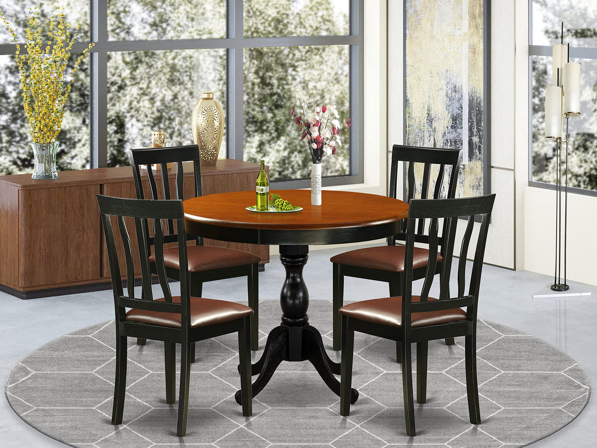 AMAN5-BCH-LC 5 Piece Set for 4 includes a Round Table with Pedestal and 4 Faux Leather Kitchen Dining Chairs, 36x36 Inch