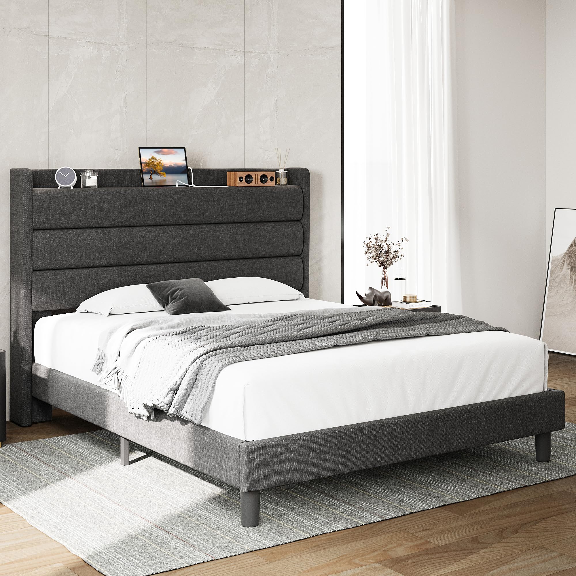 Queen Size Bed Frame, Storage Headboard with Outlets, Sturdy and Stable