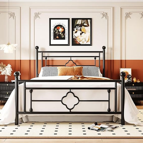 Queen Size Metal Platform Bed Frame with Victorian Vintage Headboard