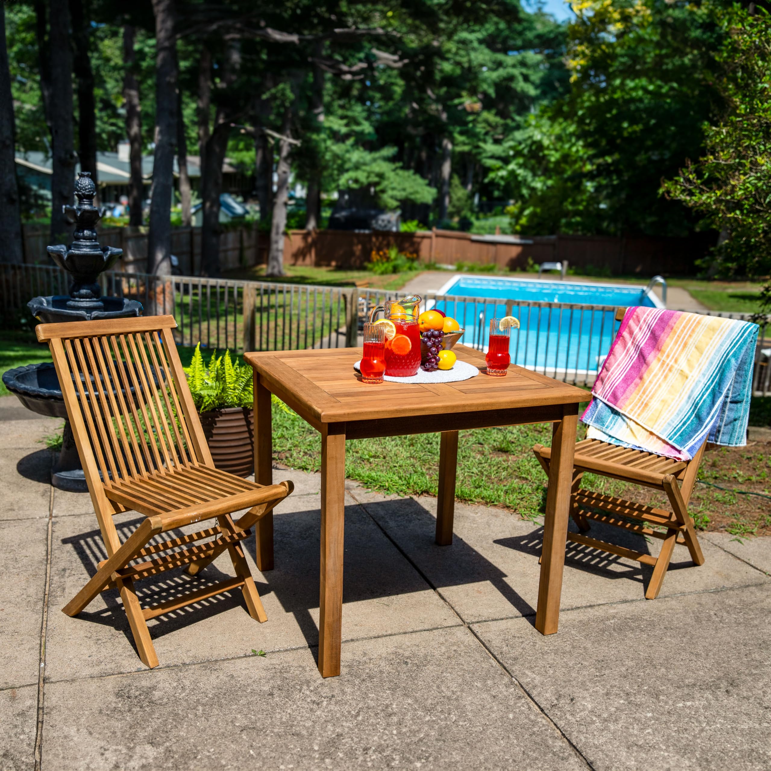 Solid Teak Outdoor Dining Table - Light Brown Wood Stain Finish - Square - 32 Inches