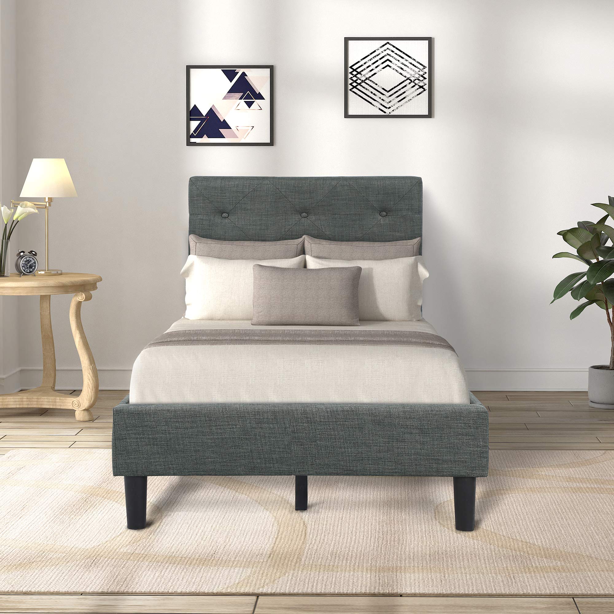 Twin Bed Frame, Upholstered Platform Bed with Headboard Bed Frame and Wood Slats