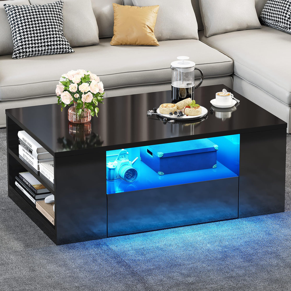 Modern Coffee Tables for Living Room, High Gloss LED Coffee Table, Storage Coffee Table