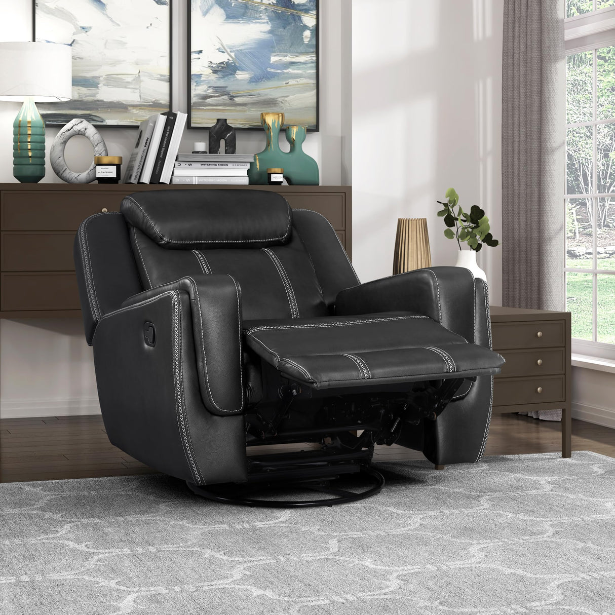 Swivel Glider Recliner Chair, Nursery Glider, Faux Leather Recliner Chair with Headrest, Manual Recliner Sofa Chair for Living Room/Office/Apartment, Black