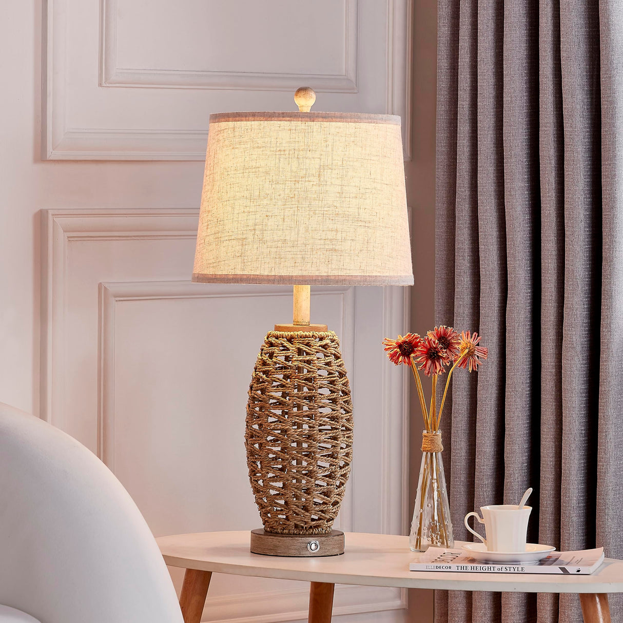 27” Natural Rattan Table Lamps Set of 2,Touch Switch,3-Way Dimmable Bedside Lamps