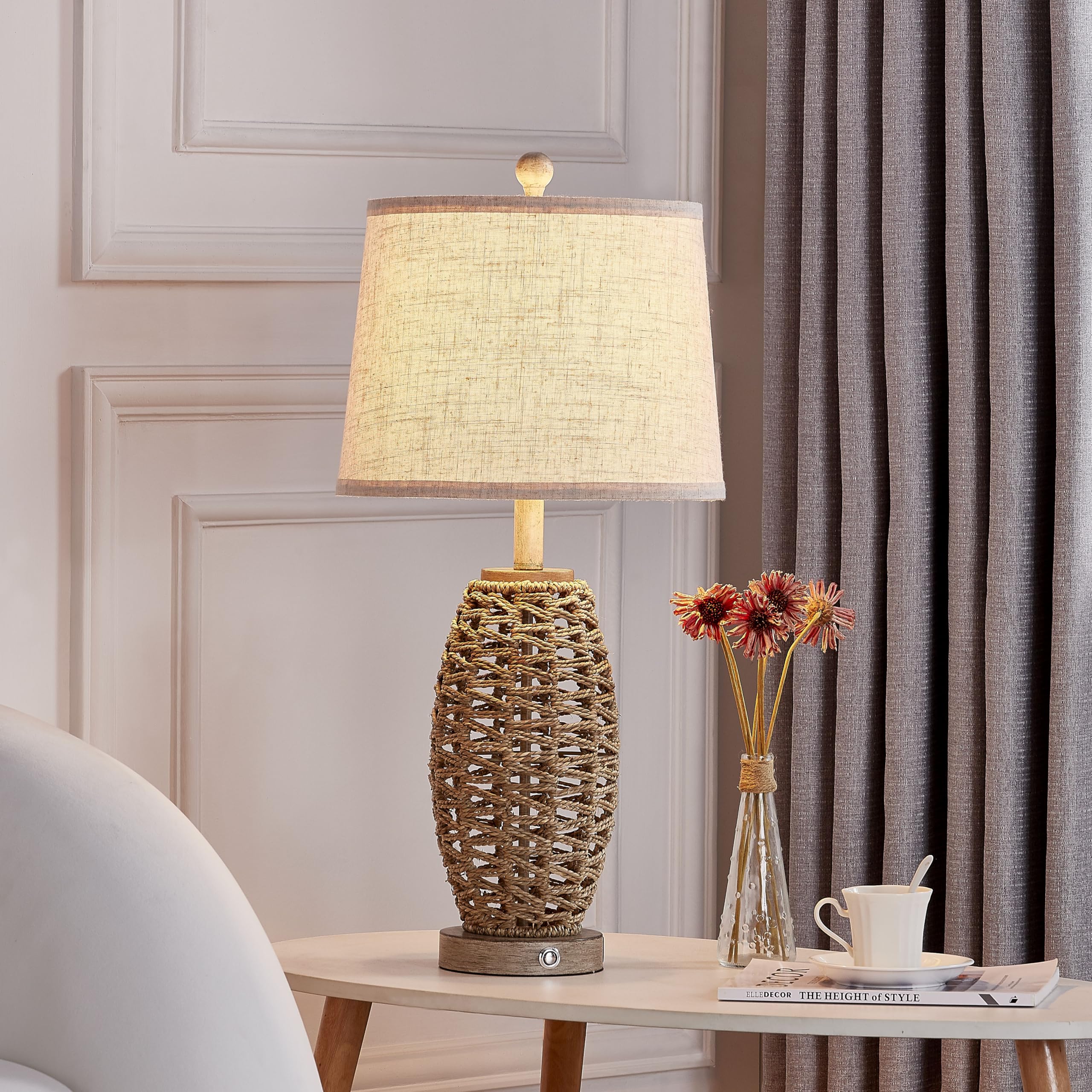 27” Natural Rattan Table Lamps Set of 2,Touch Switch,3-Way Dimmable Bedside Lamps