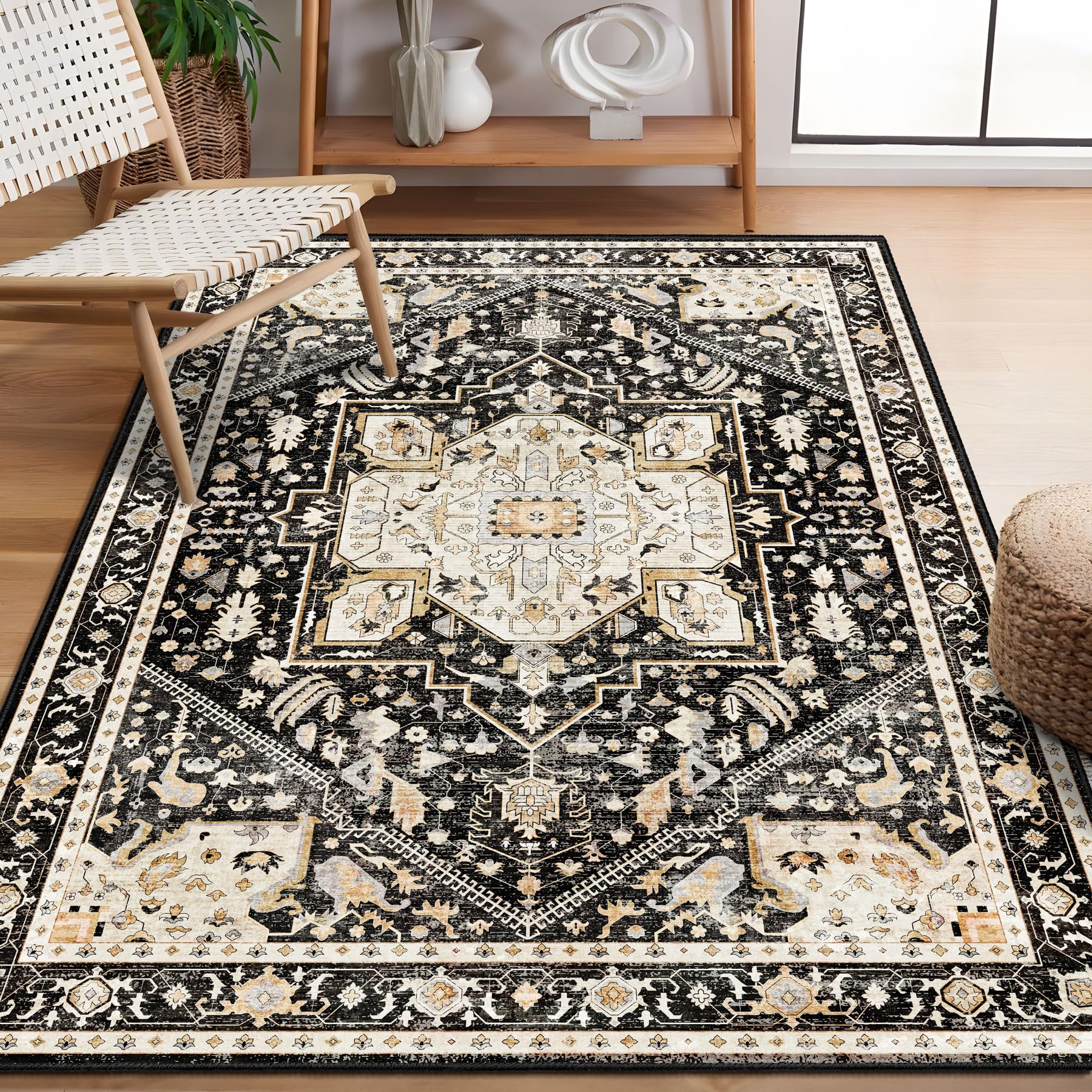 Black Rug 3'x5' Washable,Boho Small Area Rugs for Bedroom Entryway Living